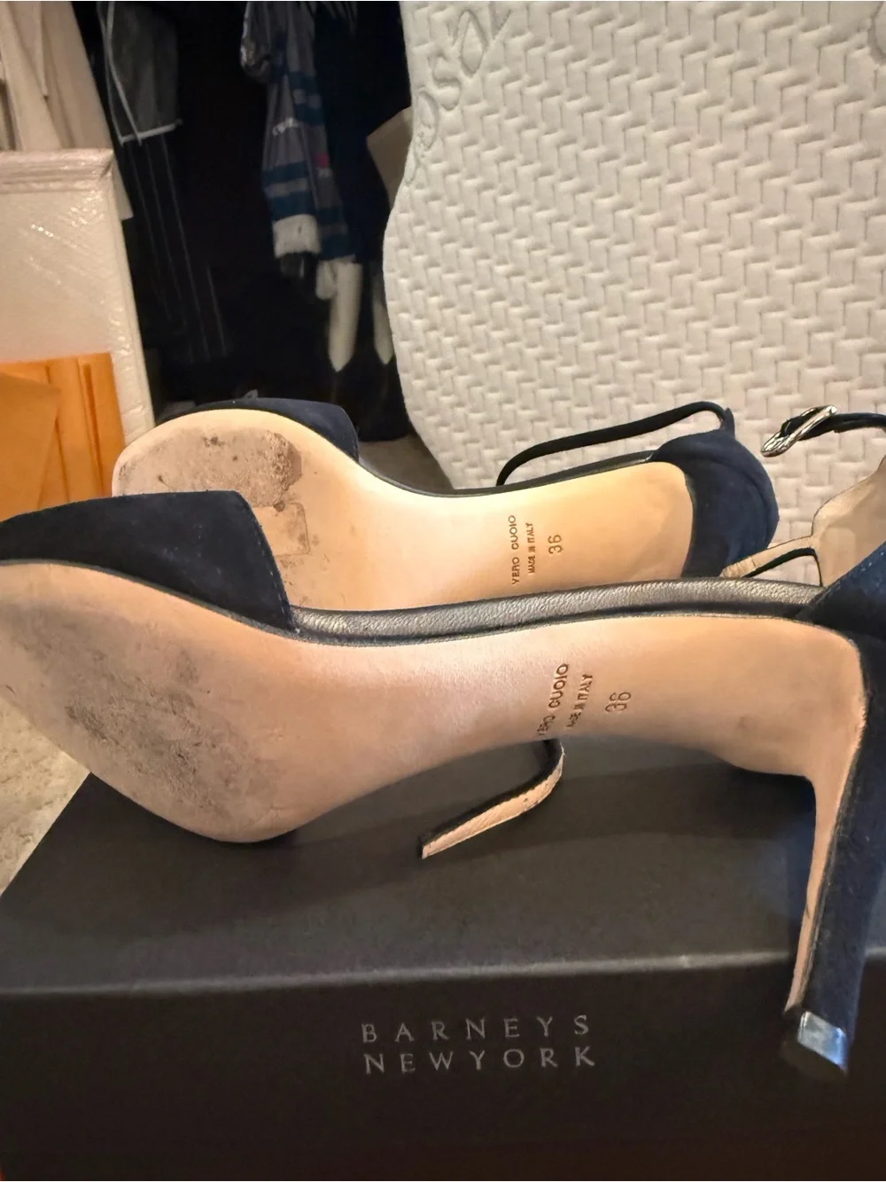 Barneys New York Black Suede Open-Toe Slingback Heels